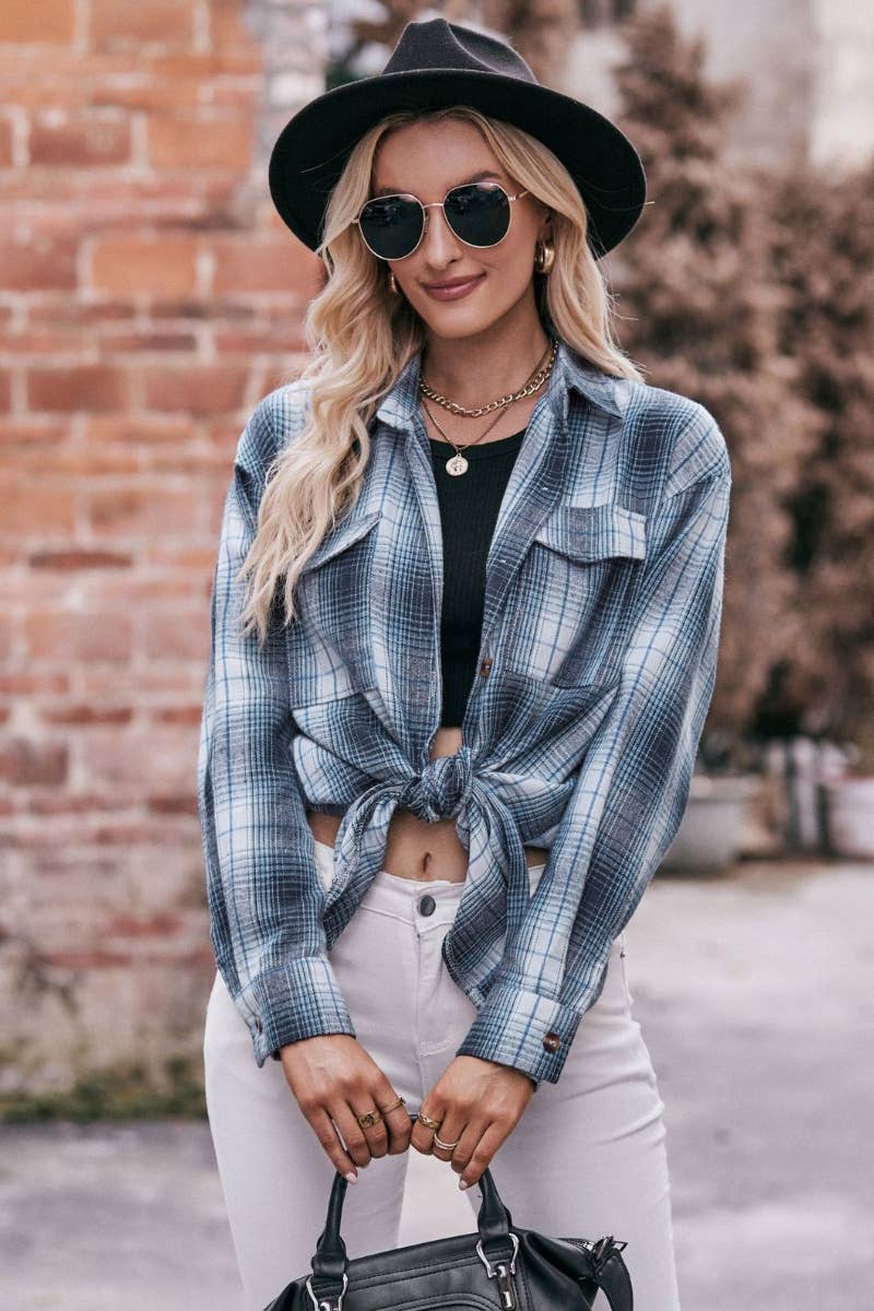 CWTSTL2188_AUTUMN WINTER POCKET PLAID LONG-SLEEVED SHIRT