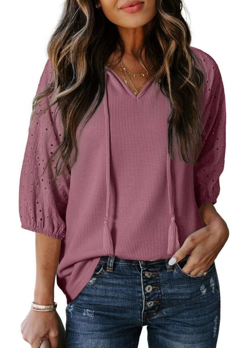 CWOHOS0021_SUMMER DRAWSTRING HOLLOW V-NECK SLEEVE T-SHIRT