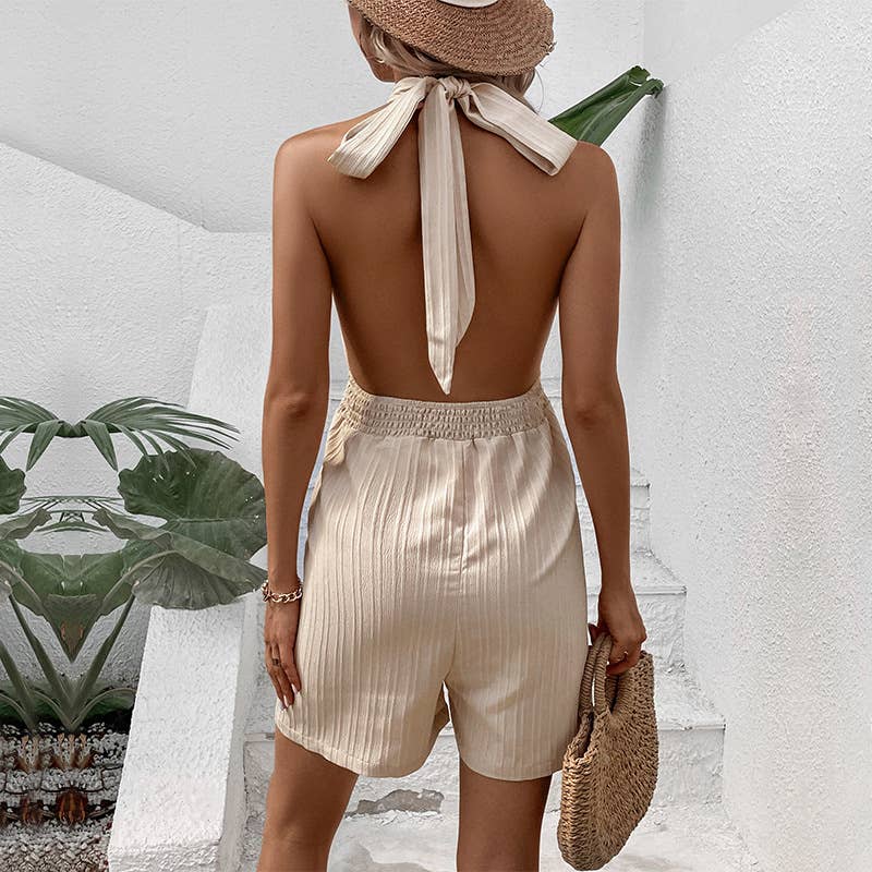 CROSS-NECK BACKLESS SOLID COLOR ROMPER SHORTS