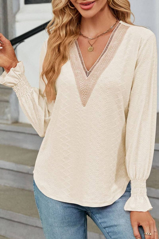 CWTBLL2822_LACE LACE PATCHWORK V-NECK LONG SLEEVE TOP