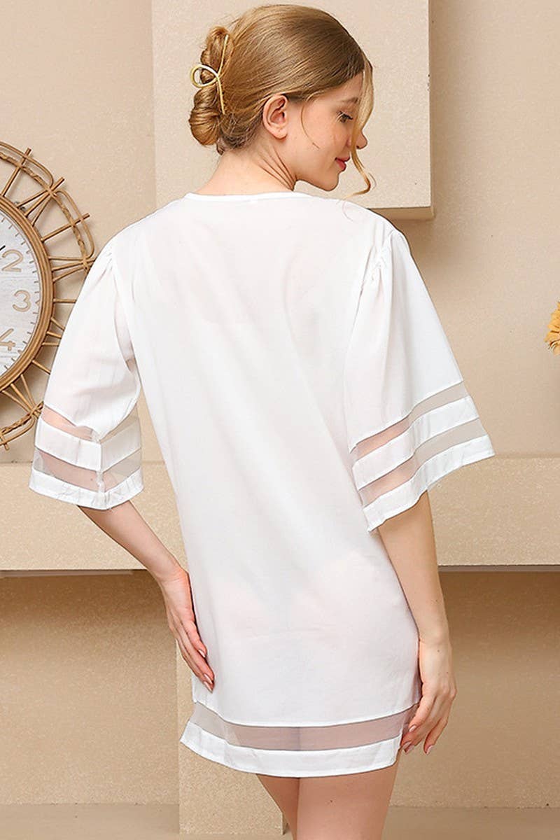 CWDSD7976_CHIFFON MESH PATCHWORK FLARE SLEEVE LOOSE DRESS