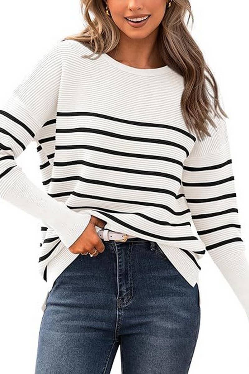 CWOSWL3401_SOLID COLOR STRIPED ROUND NECK KNITTED SWEATER