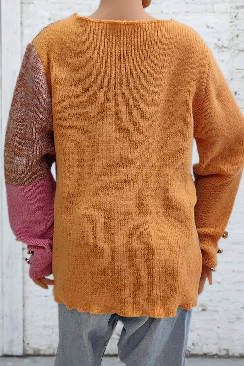 CWTTT00019_WOMEN COLOR BLOCK U NECK KNIT PULLOVER SWEATER