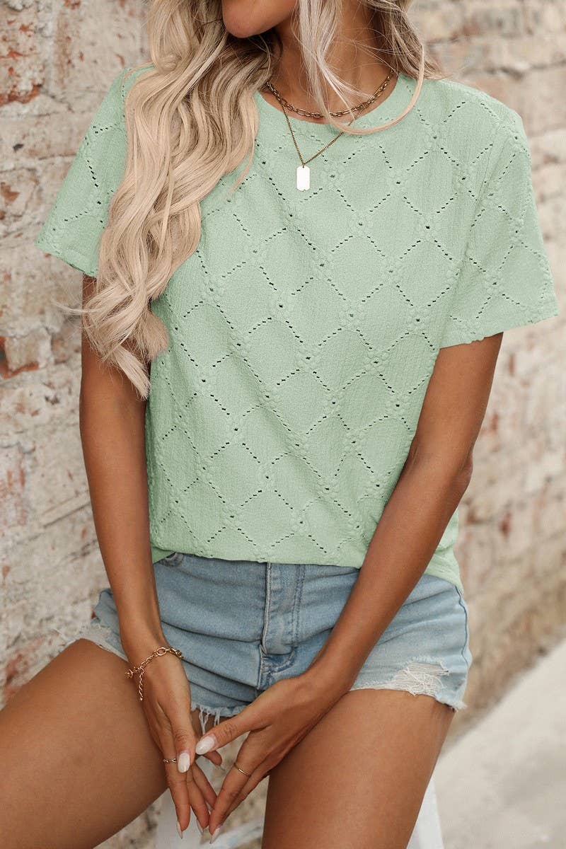 CWTTS1372_SUMMER ROUND NECK JACQUARD SHORT-SLEEVED T-SHIRT