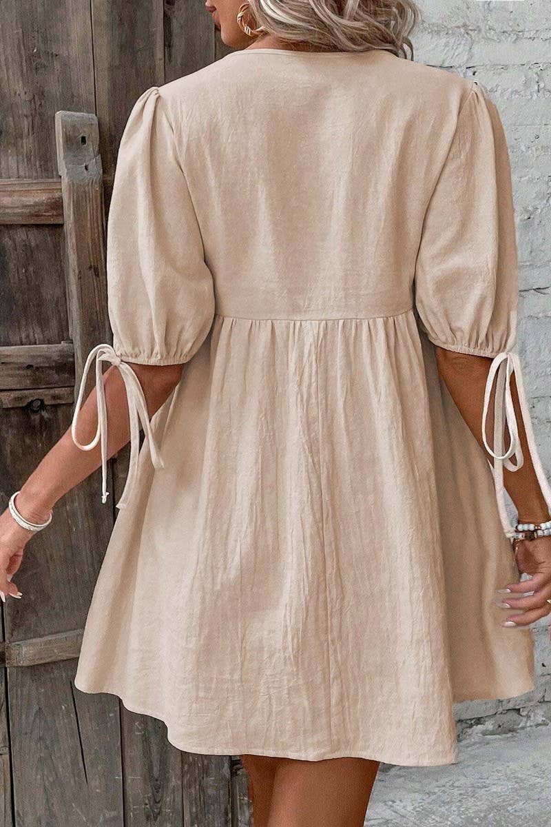 CWDSD8449_DEEP V TIE FRONT LOOSE A-LINE WOVEN DRESS