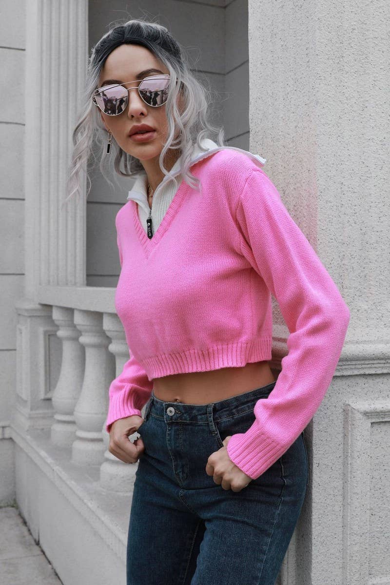 CWOSWL6858_ZIPPERED LAPEL COLORBLOCK CROPPED SWEATER