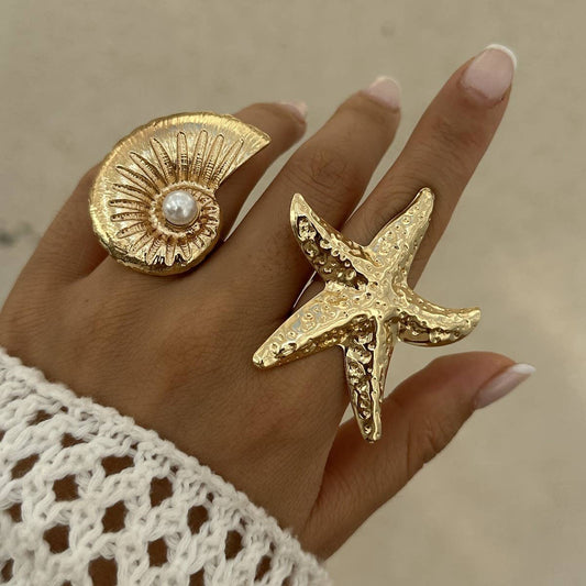 NEW BEACH IMITATION PEARL ADJUSTABLE ALLOY RING