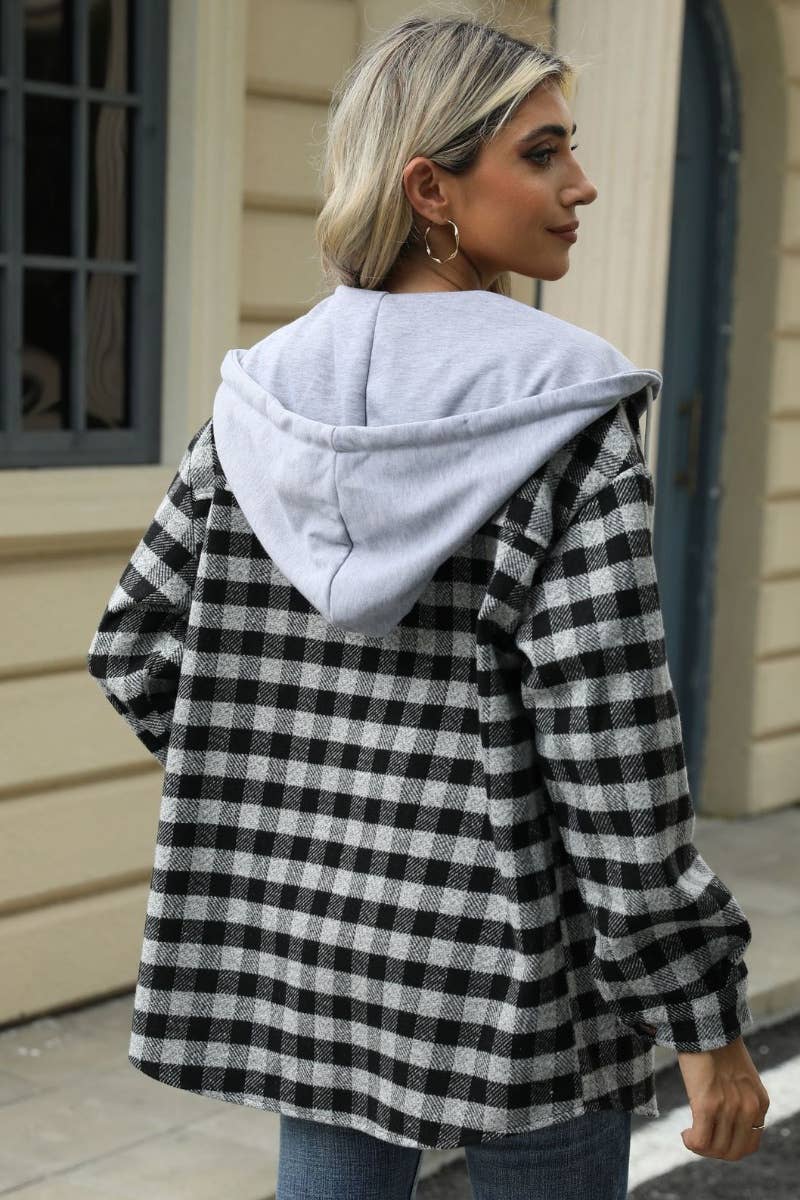 CWOCO0568_FALL PLAID HOODED PATCHWORK WOOLEN COAT