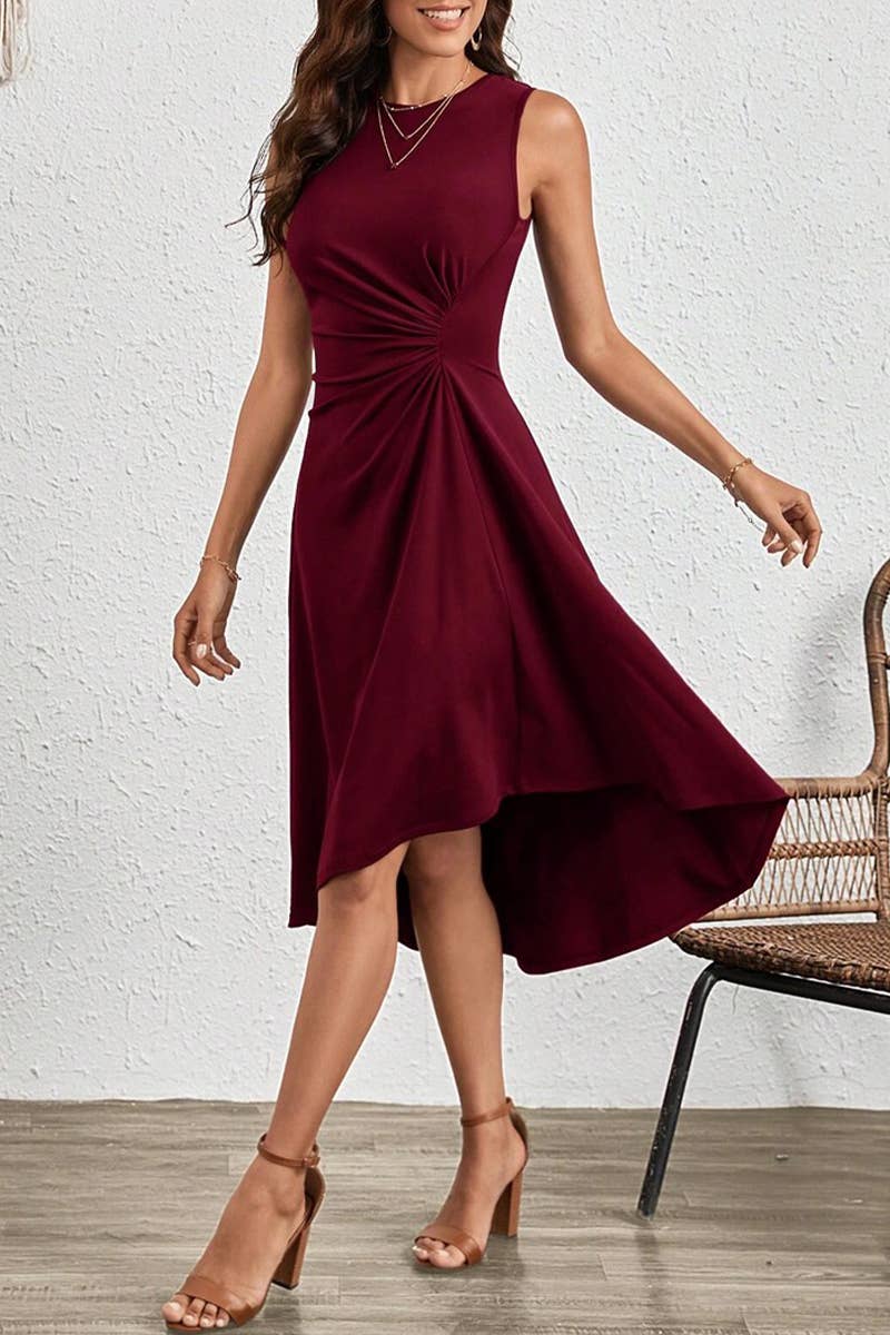 CWDSD7523_SUMMER FASHION SOLID COLOR CRUMPLED DRESS