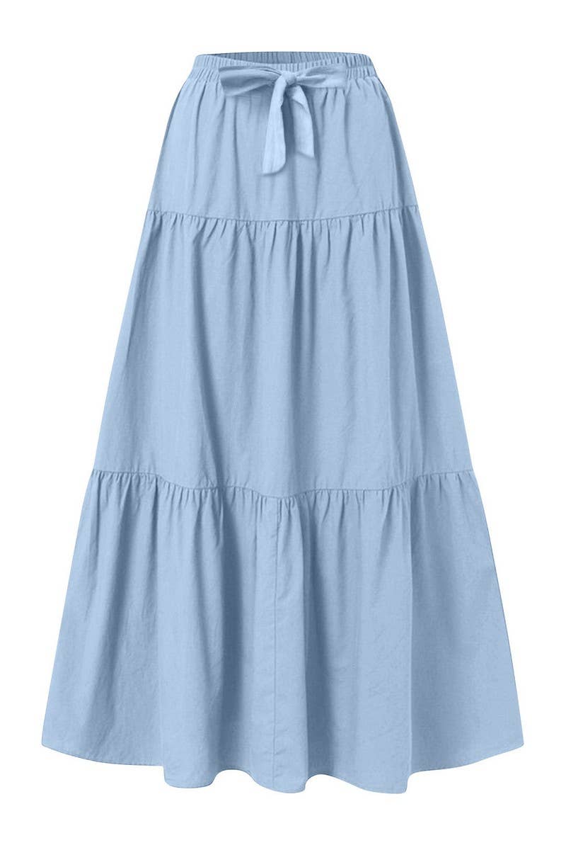 CWBLS0559_BOW WAIST TIERED SOLID MIDI SKIRT