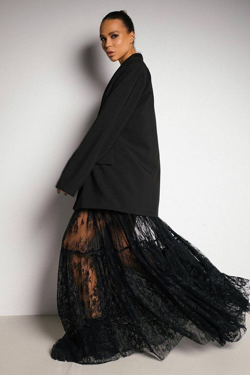 CWBLS138_LACE HOLLOW  HIGH WAIST MESH PLEATED SKIRT