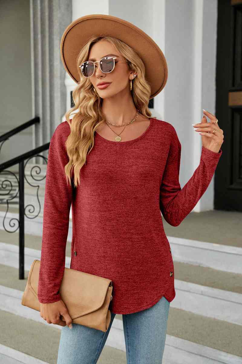 CWTBLL2839_BIG CREW-NECK LONG SLEEVE SPLIT BUTTON TOP