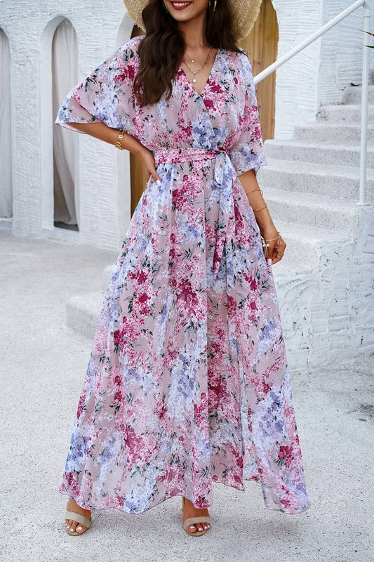 CWDMD0997_Deep V-Neck Wrap Short Sleeve Floral Print Dresses