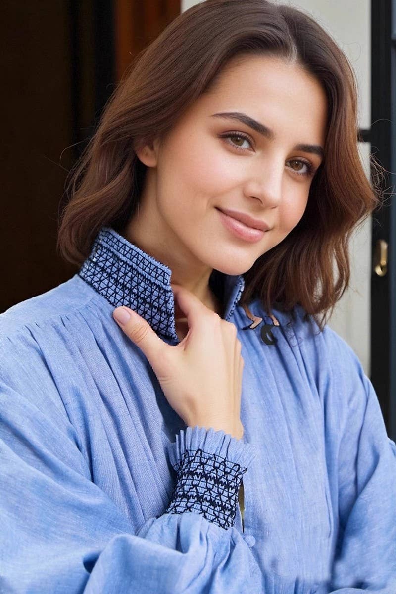 CWDSD8802_RUCHED LAYERED V-NECK ARTISTIC SHIRT DRESS