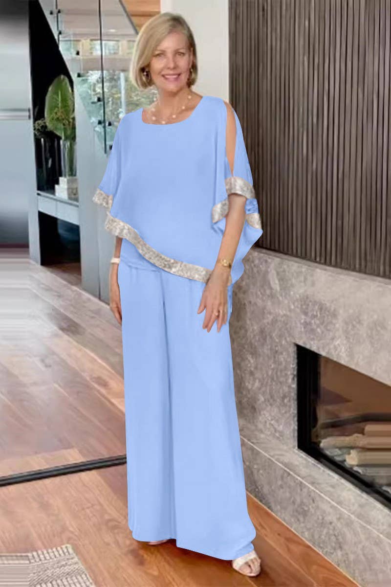 CWSTB1401_ROUND NECK SEQUIN TOP WIDE LEG PANTS SET