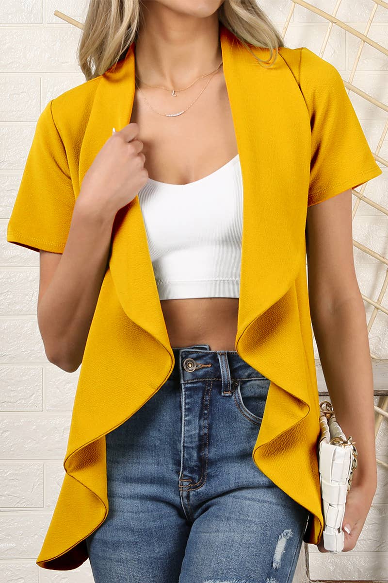 CWOBL095-P_Short Sleeve Open Front Draped Ruffles Blouses