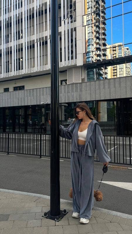 Casual velvet zipper hooded wide-leg pants set