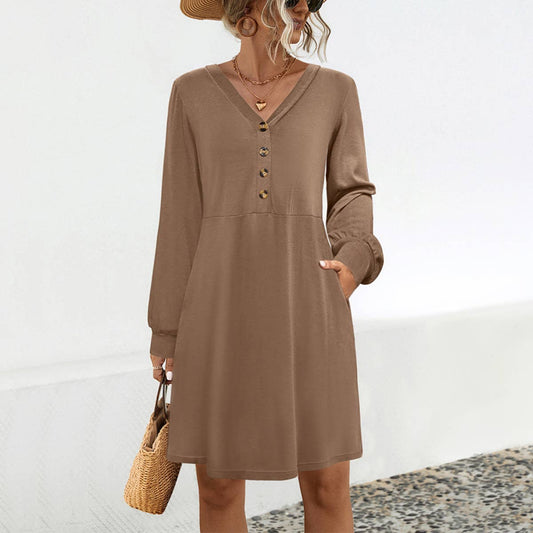 CASUAL SOLID COLOR LONG SLEEVE HIGH-WAISTED DRESS