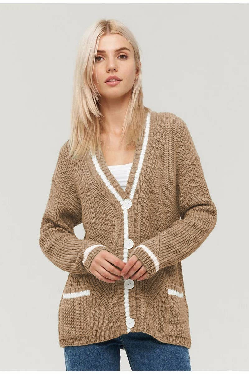 CWOCAL1619_V-NECK POCKET COLOR-BLOCK KNITTED CARDIGAN COAT