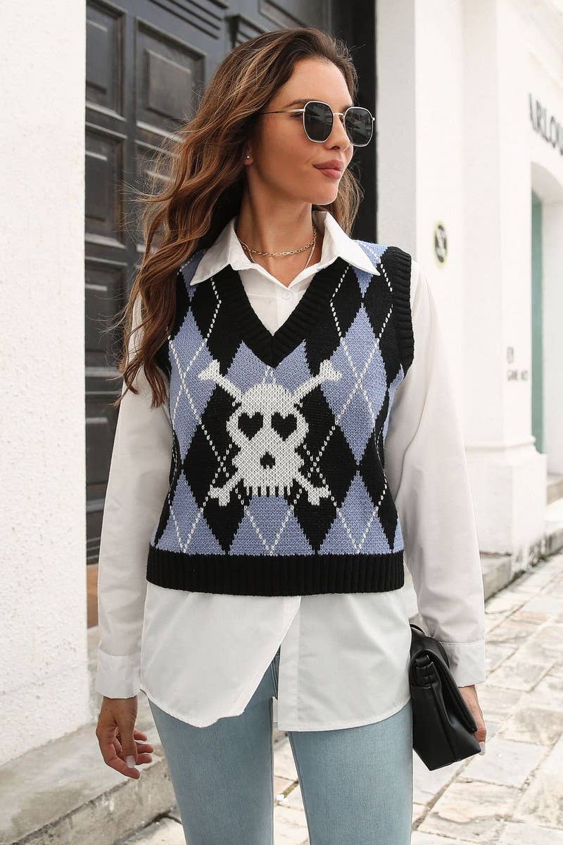 CWOV0497_SKULL JACQUARD DIAMOND VEST SWEATER VEST
