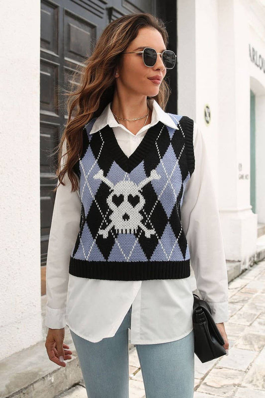 CWOV0497_SKULL JACQUARD DIAMOND VEST SWEATER VEST