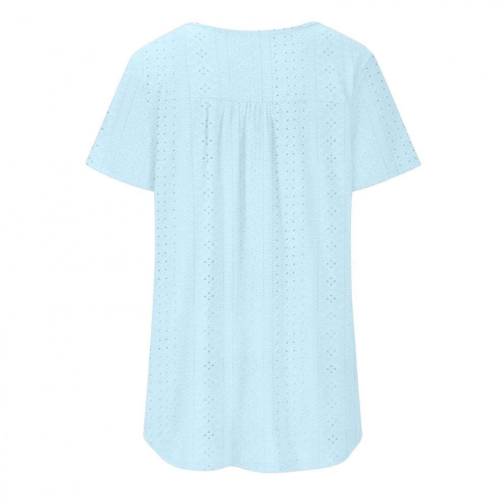 Crew-neck pleated button solid color ripped shirt