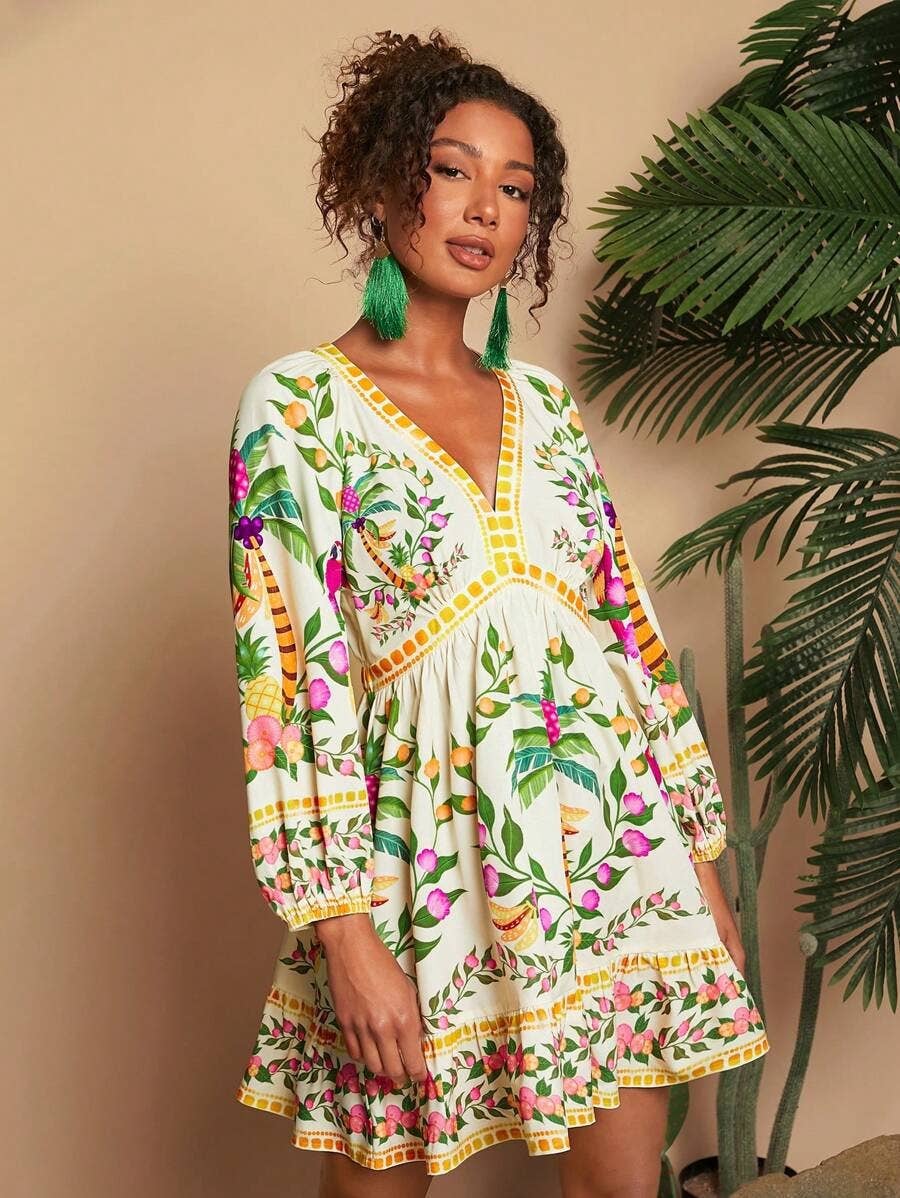 Bohemian V-neck three-quarter sleeve mini dress