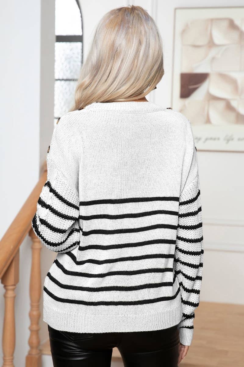 CWOSWL6370_VINTAGE BUTTON-UP LONG-SLEEVED STRIPED SWEATER