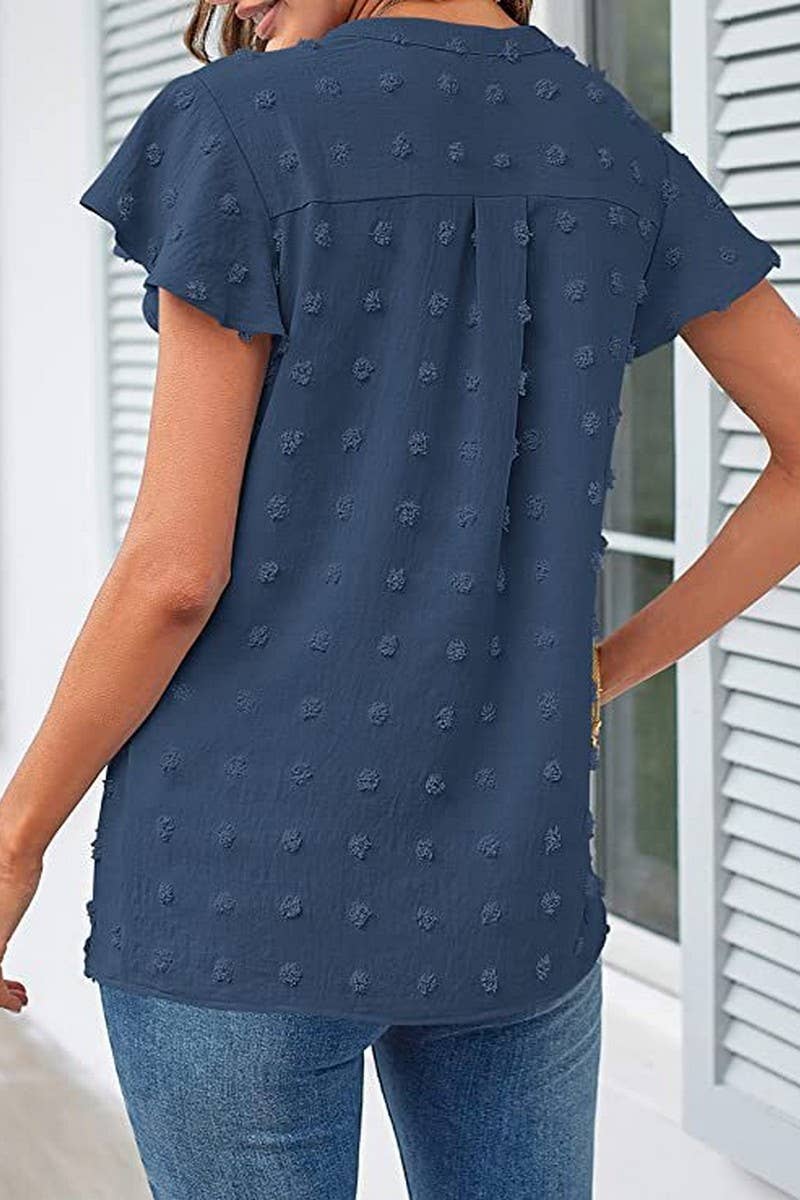 CWTBLS0606_V-NECK RUFFLED SLEEVE CHIFFON SHORT-SLEEVED TOP