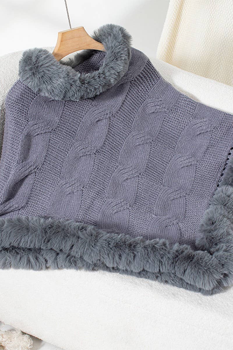 CWOSWL2803_FUR COLLAR THICK CABLE PULLOVER SWEATER CAPE