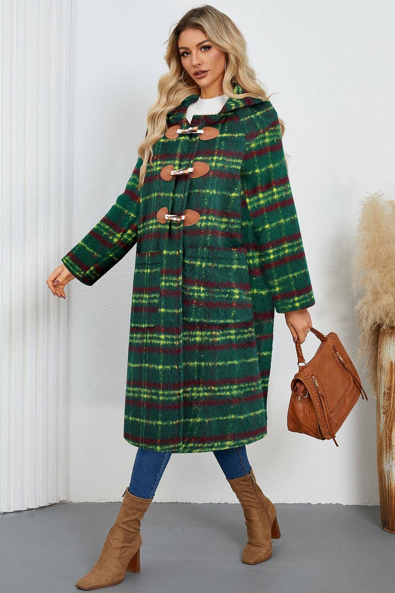 CWOCO0940_HORN BUTTON PLAID HOODED WOOLEN LONG COAT