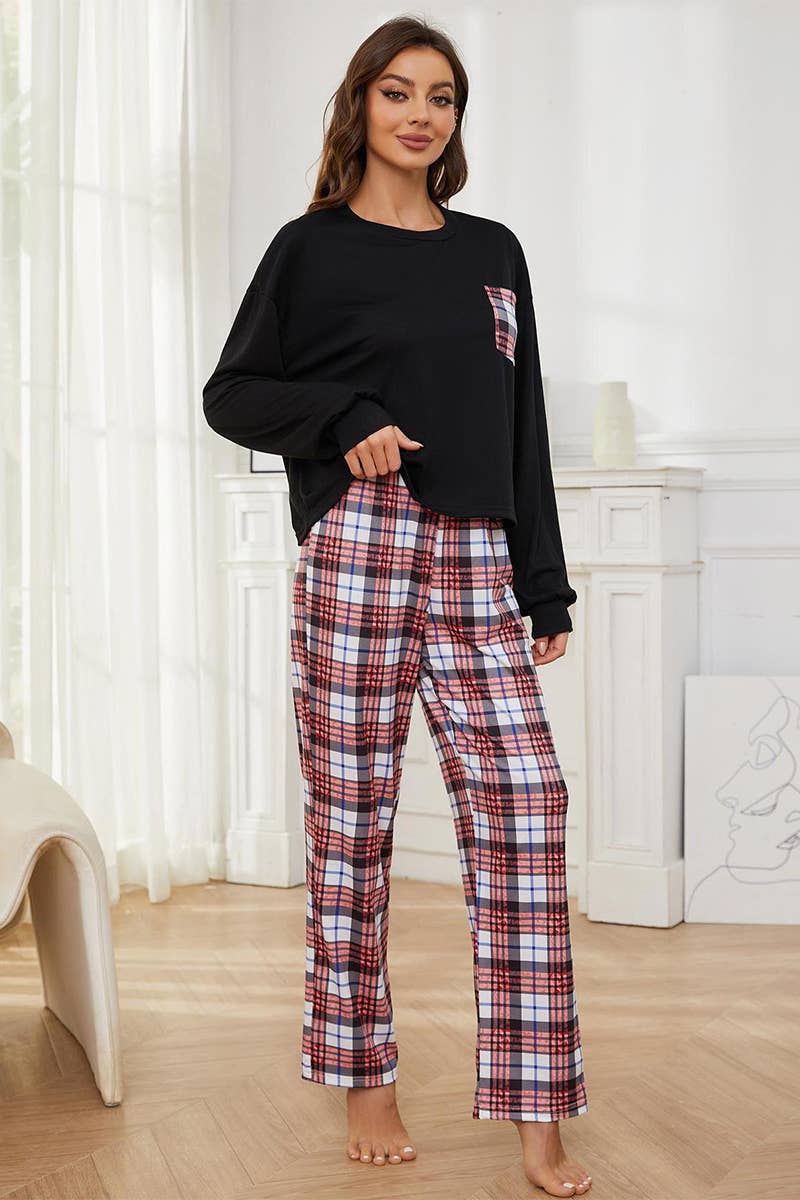 Checkered pants long-sleeved home wear set