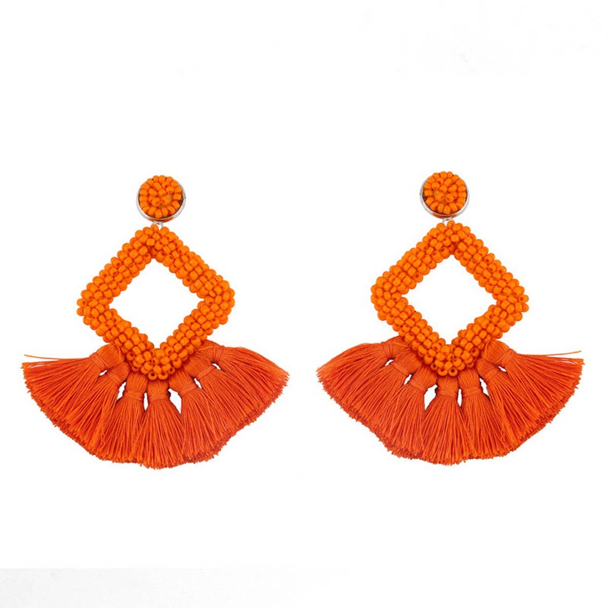 GEOMETRIC DIAMOND SHAPED RICE BEAD TASSEL EARRINGS