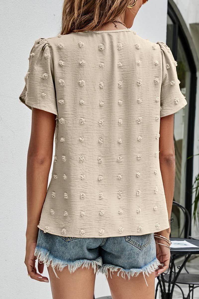 CWTBLS0342_Round neck Short Puff Sleeve Blouse