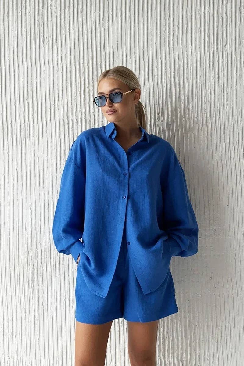 CWSTB00383_COTTON CARDIGAN LONG SLEEVE SHORTS SET