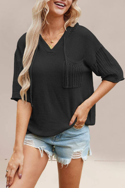 CWTBLS0745_SHORT-SLEEVED CUT-OUT HOODED SWEATER TOP