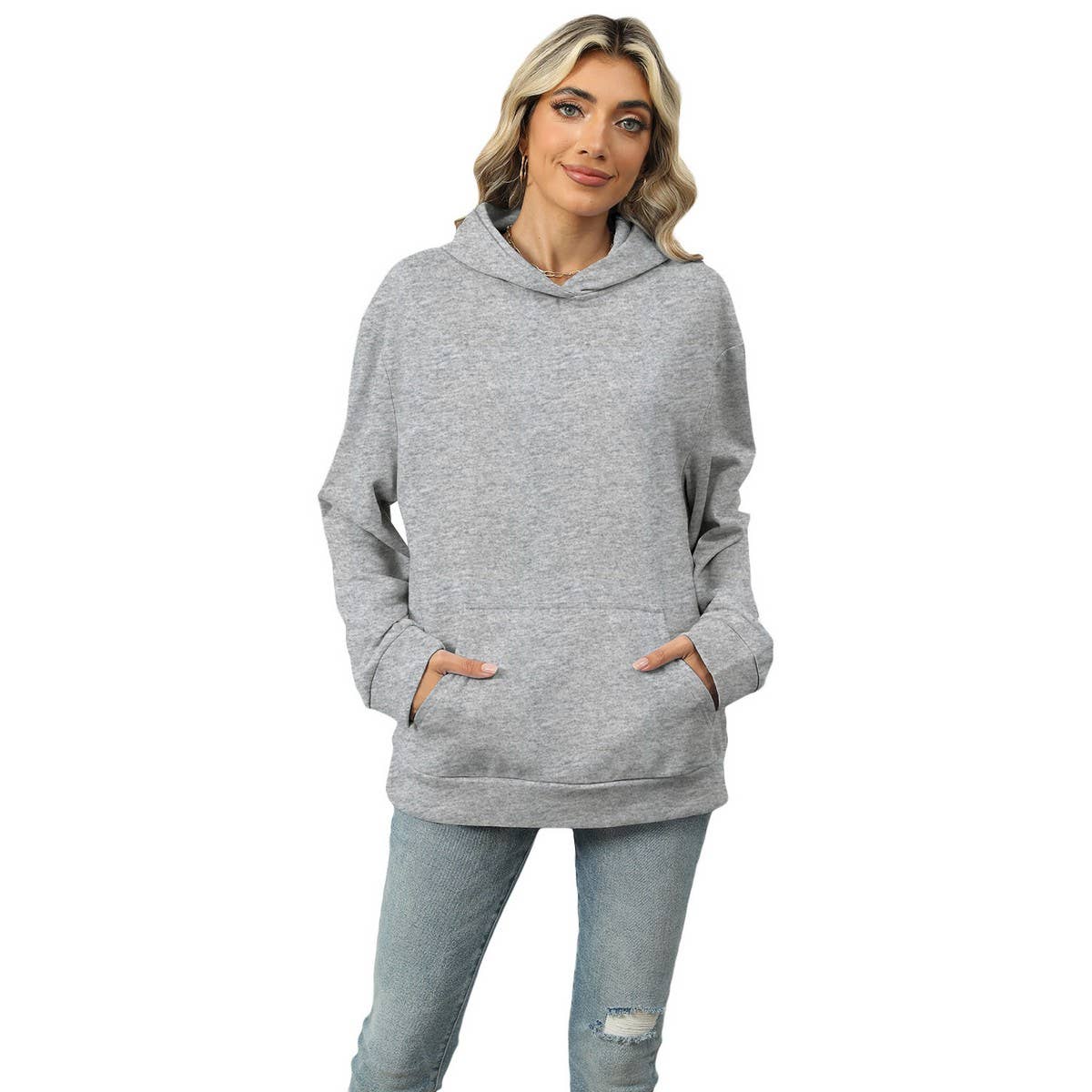 CASUAL HOODED POCKET HOODIE SOLID COLOR TOP
