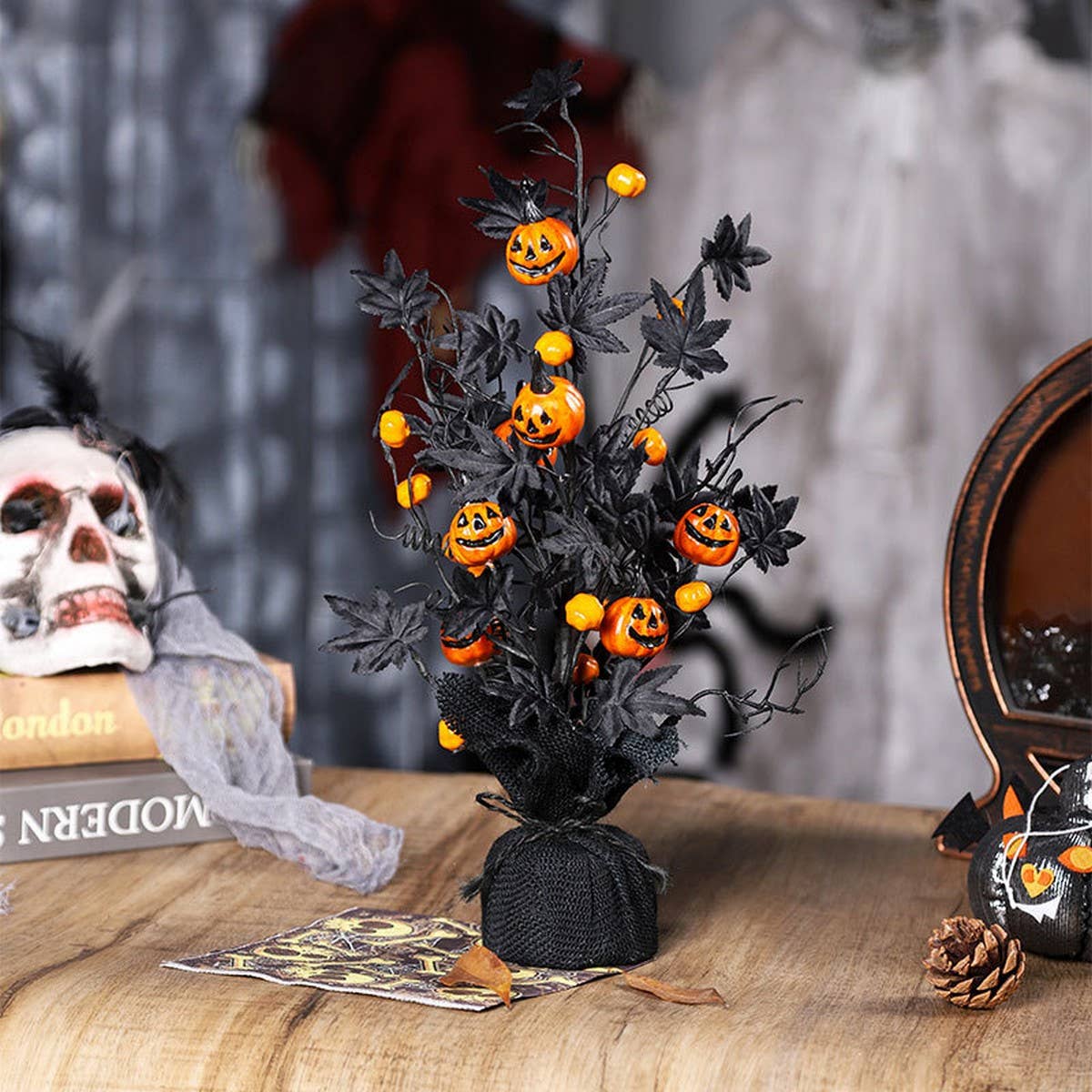 Black Halloween Pumpkin Maple Leaf Decor Tree_CWMM9828