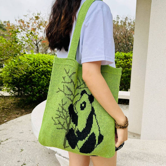CWAB4581_PANDA PATTERN KNITTED HOLLOW WOVEN SHOULDER BAG