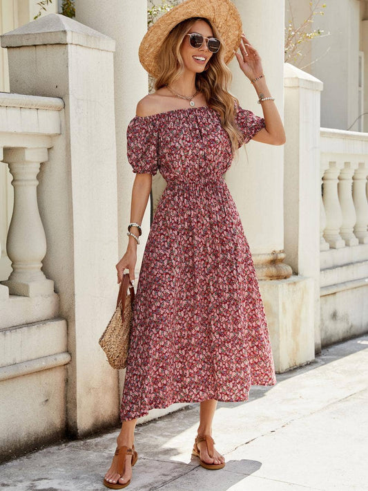 Floral one-line shoulder short sleeve long dress