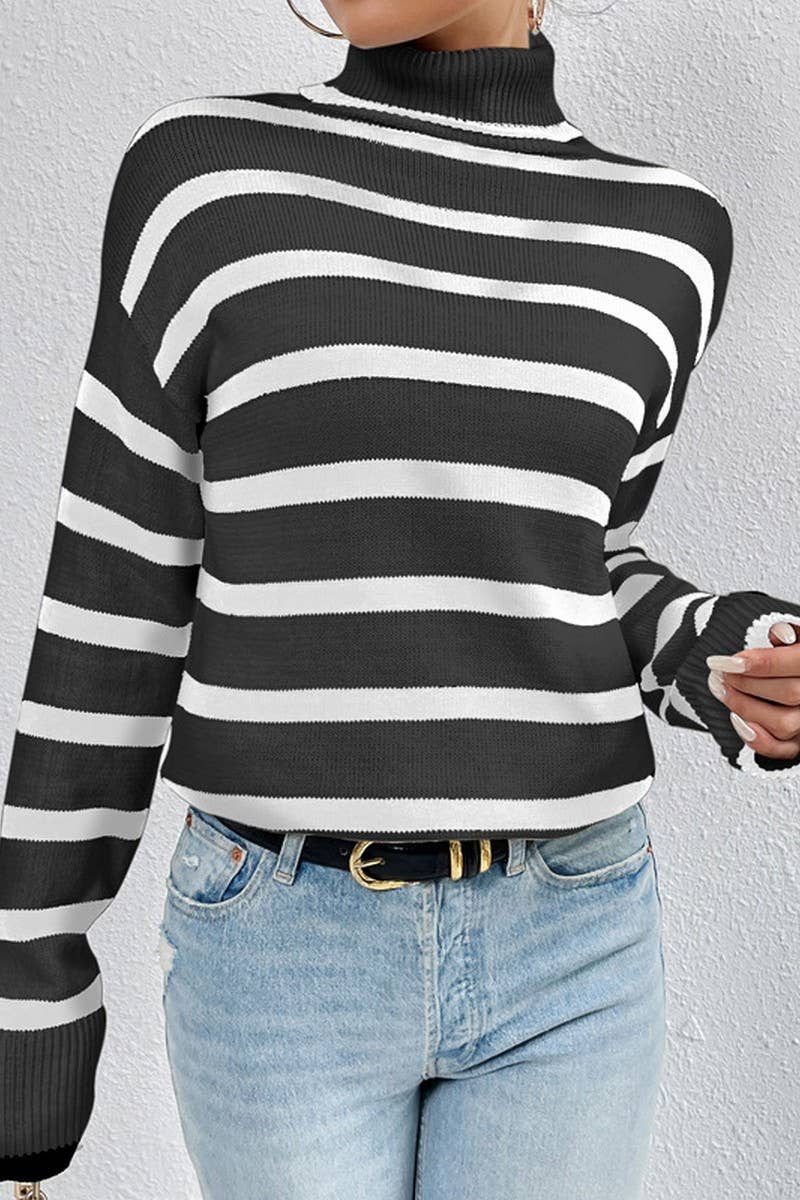 CWOSWL2699_CONTRAST COLOR HIGH COLLAR STRIPED KNIT TOP