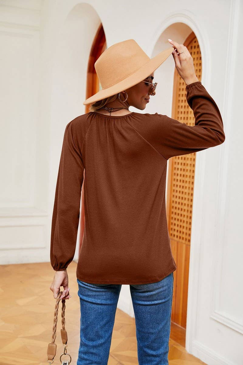 CWTBLL2370_LONG SLEEVE V NECK PLEATED LOOSE PULLOVER
