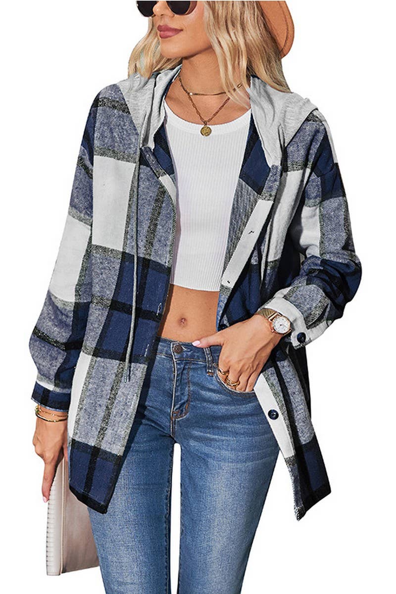 CWOCO1102_CASUAL LOOSE MID-LENGTH PLAID HOODED COAT