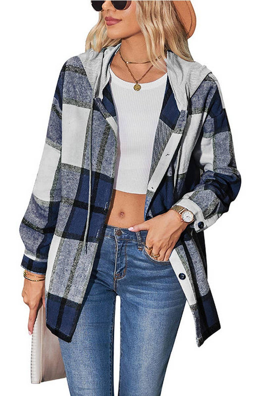 CWOCO1102_CASUAL LOOSE MID-LENGTH PLAID HOODED COAT