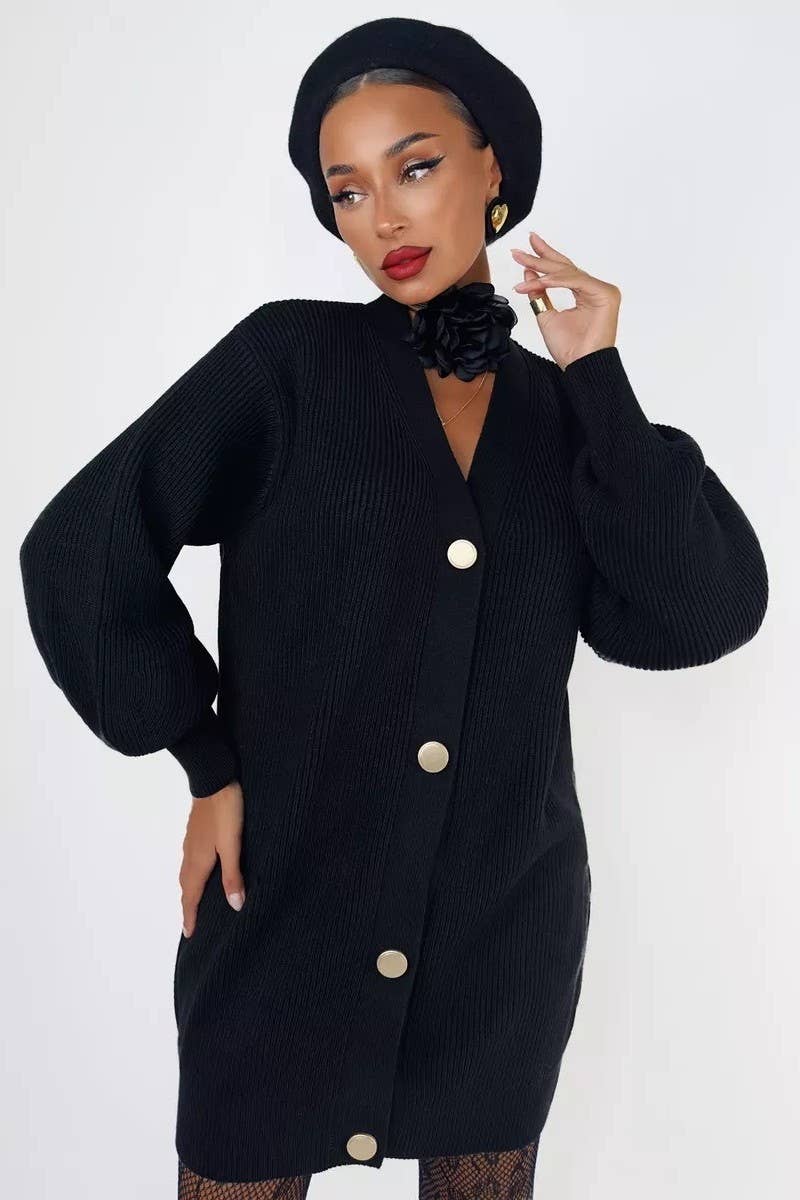 CWOCAL1481_V-NECK SOLID COLOR LENGTH KNITTED SWEATER COATS