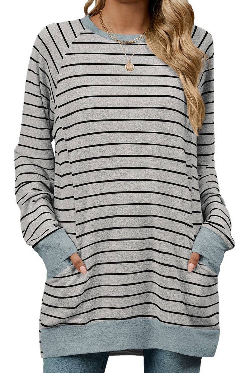 CWTBLL1217_STRIPED CONTRAST POCKET MID-LENGTH SWEATSHIRT