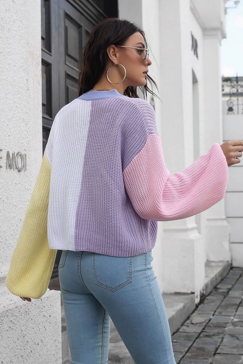 CWOCAL1225_CONTRAST COLOR LONG SLEEVE SHORT KNIT CARDIGAN