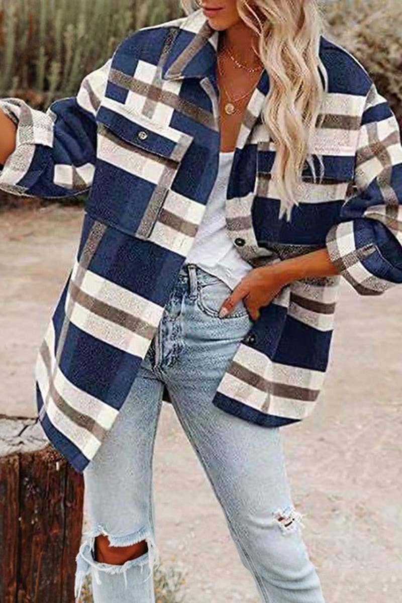 CWOCO0938_LONG-SLEEVED LAPEL LOOSE PLAID THICKENED COAT