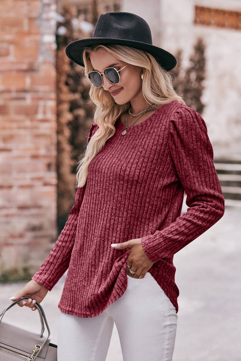 CWTBLL1832_ROUND NECK PUFF SLEEVE RIBBED SOLID COLOR TOP
