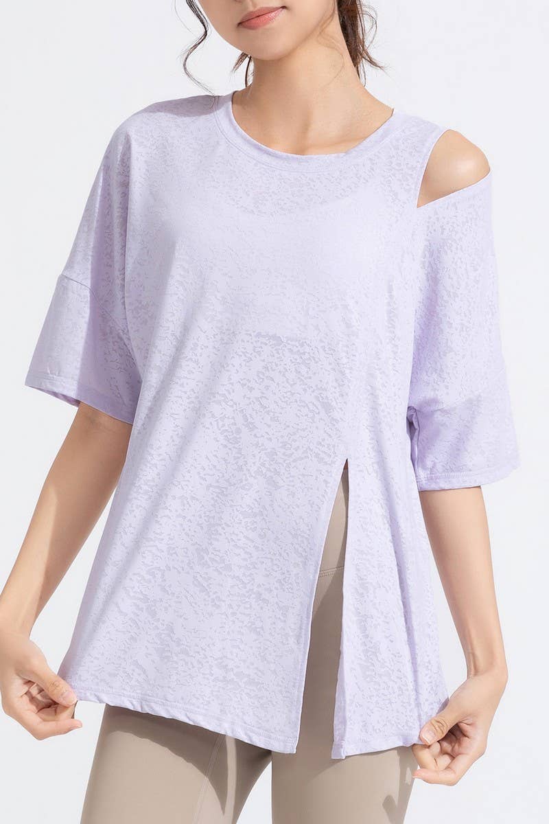 CWTBLS1470_JACQUARD CUTOUT SHORT SLEEVE RUNNING TOP